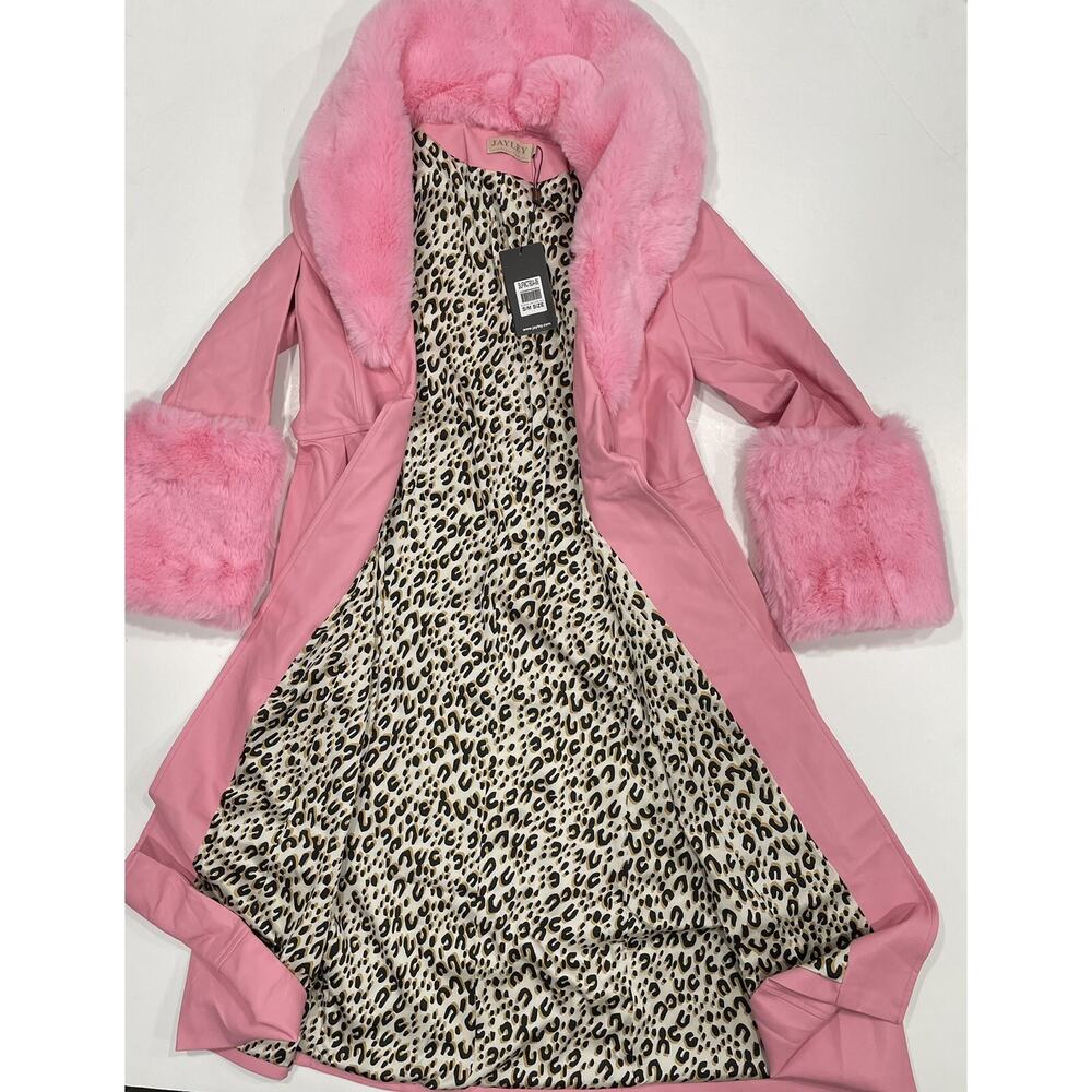 JAYLEY Pink Trench Style Belted Coat with Faux Fur Cuffs and Collar S/M - Picture 3 of 6